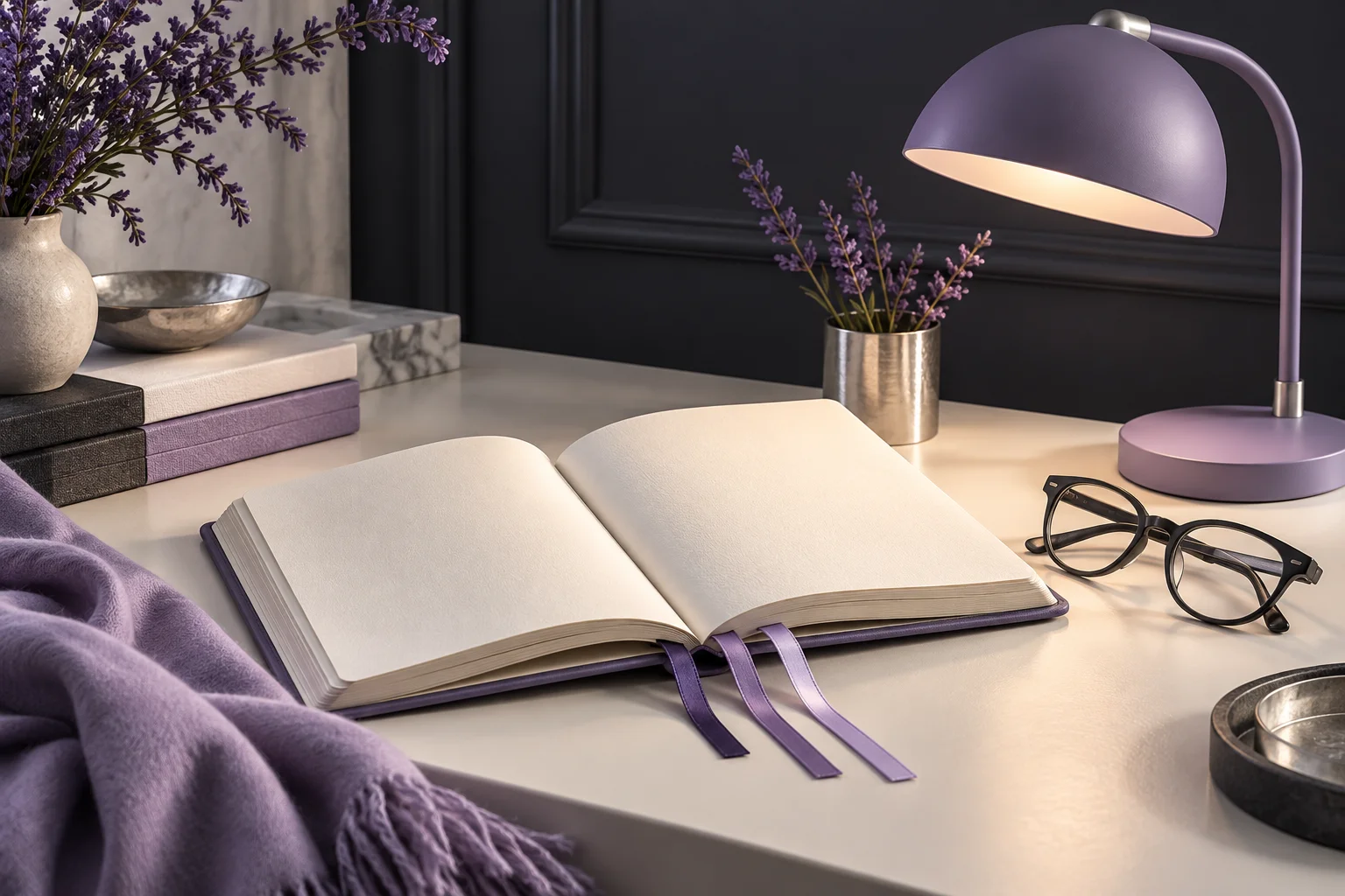 An open ivory journal with three lavender bookmarks, charcoal reading glasses and an elegant matte violet desk light.