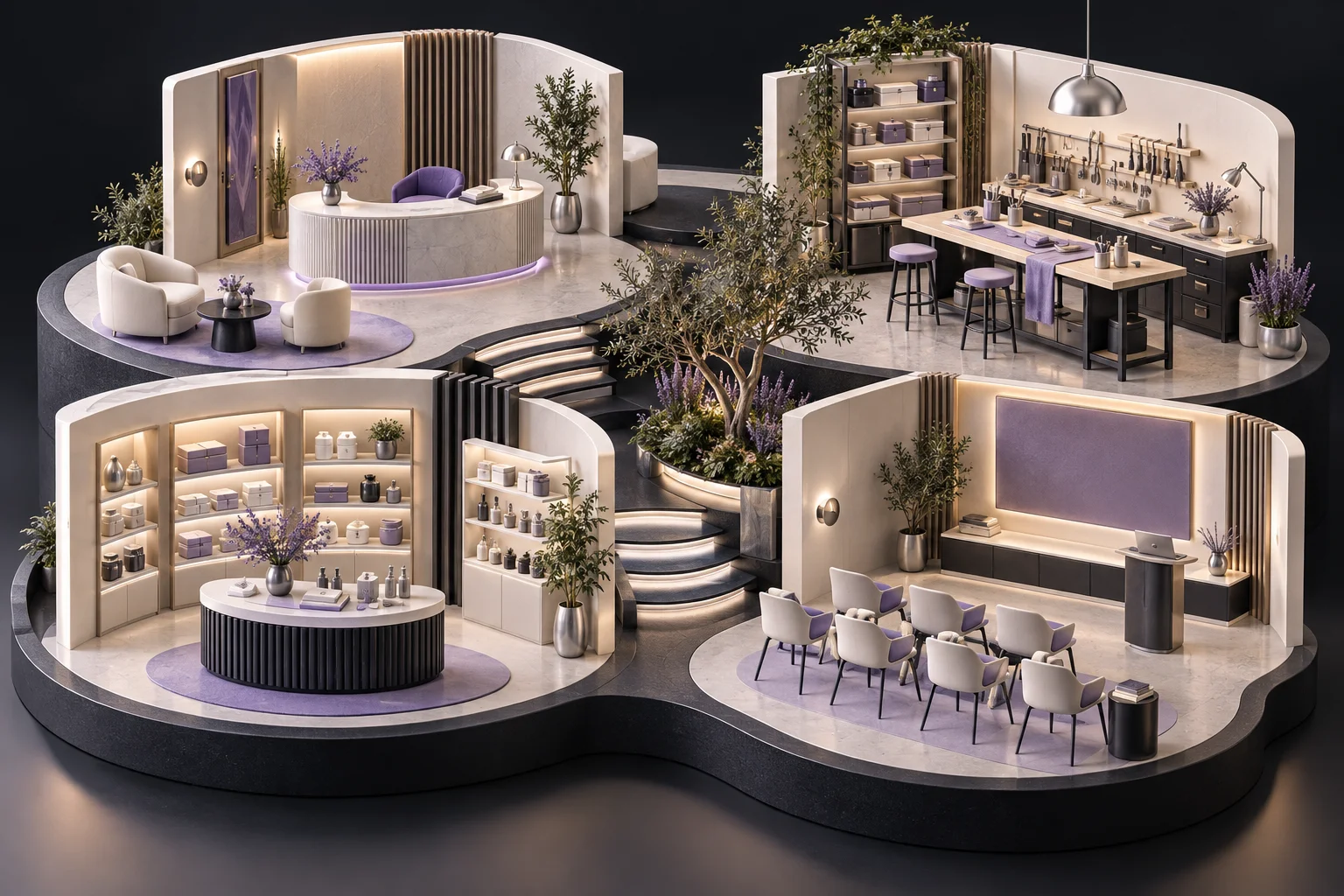 A curated set of four miniature ivory environments: clinic reception, workshop, store shelf, classroom, joined on one charcoal base with violet details.