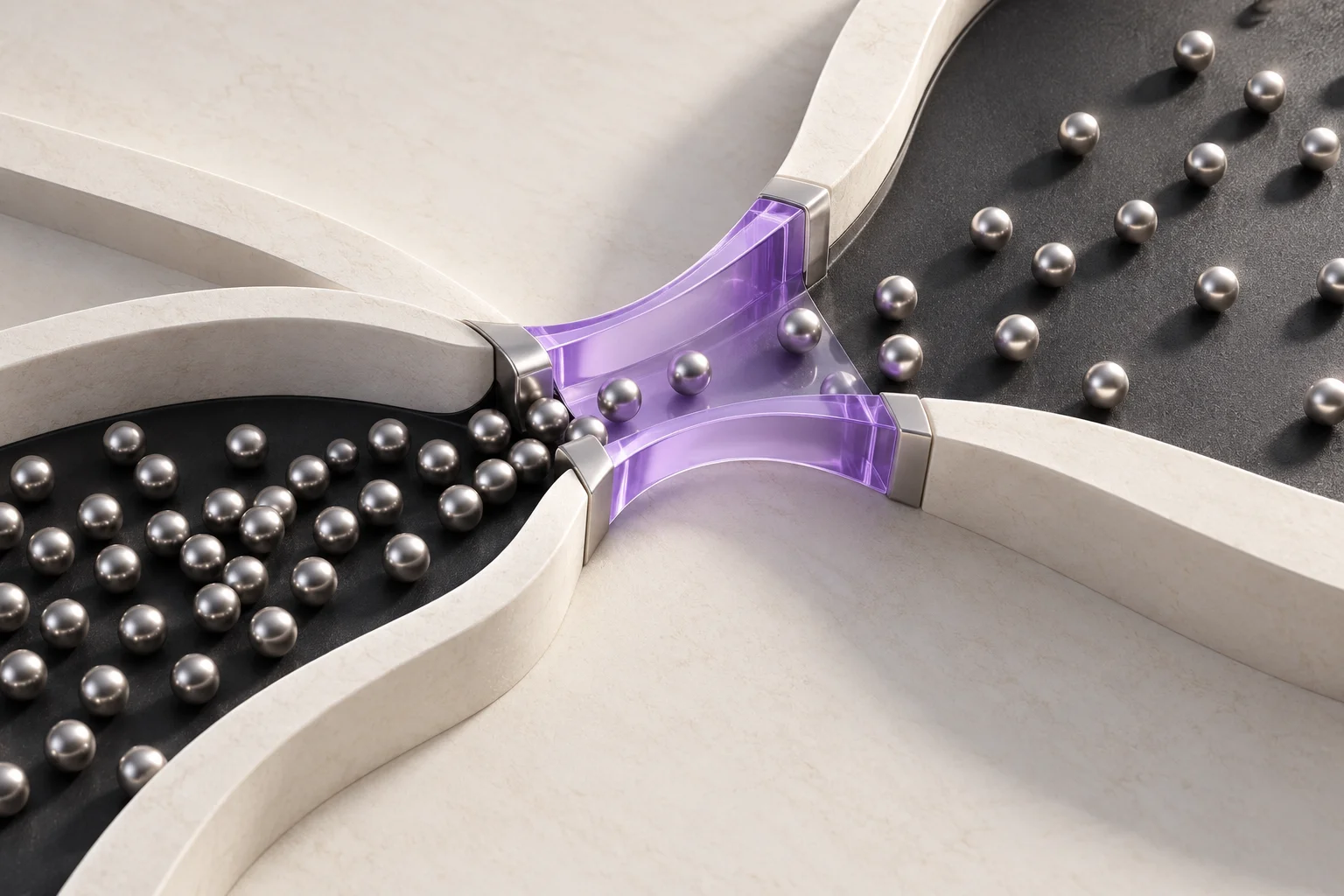 A sculptural ivory pathway with a single charcoal bottleneck being widened by a translucent violet insert.
