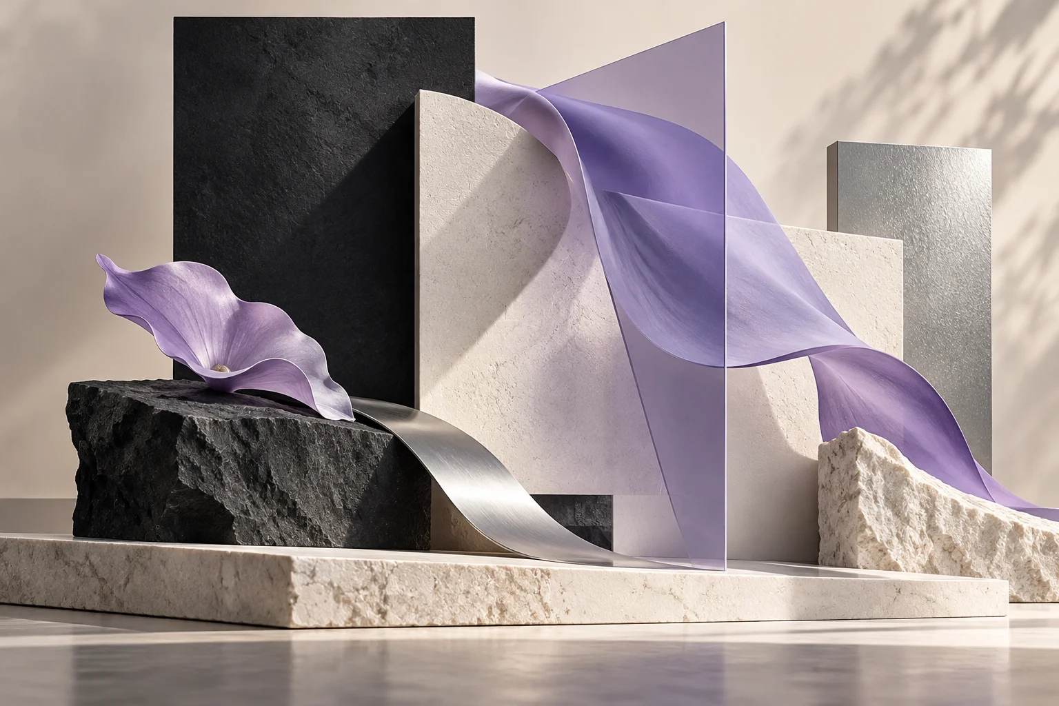 An original layered ivory page architecture made of large charcoal and translucent lavender panels, tactile materials, asymmetric editorial sculpture not a screen mockup.