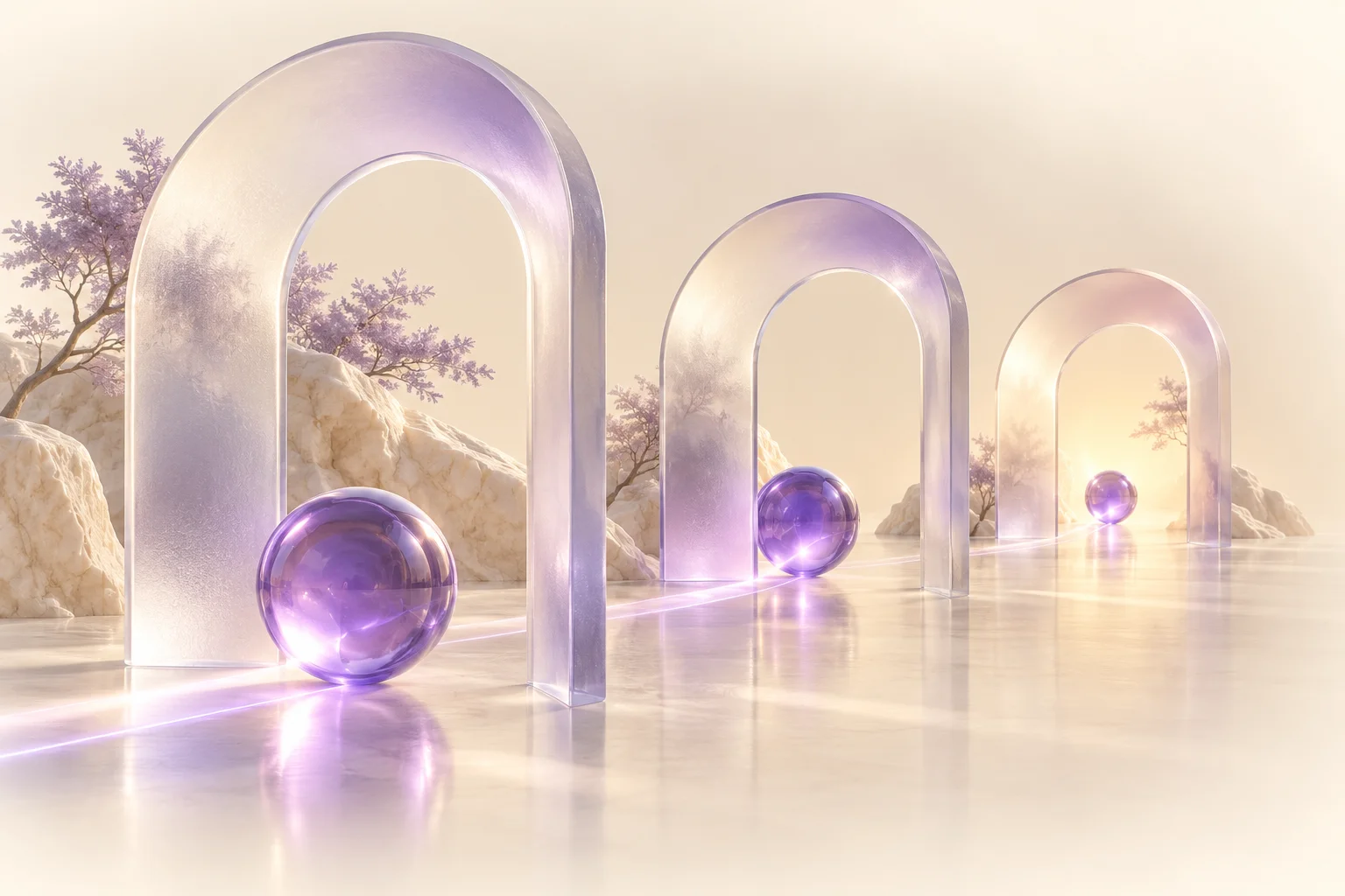 Translucent violet portals and glass spheres illustrating a connected customer journey.