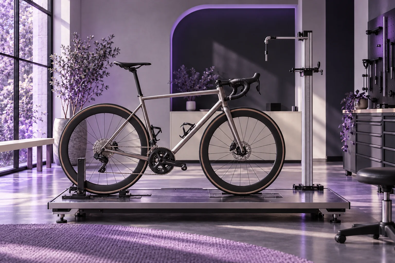 A bicycle fitting space in charcoal and violet, illustrating the fictional studio example.
