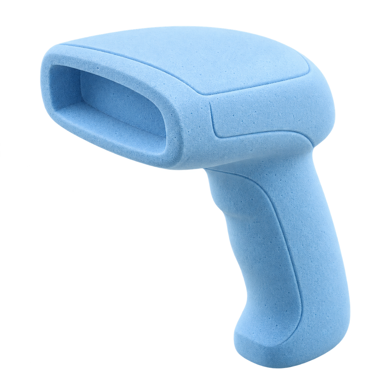 A handheld scanner form study made from blue modeling foam.