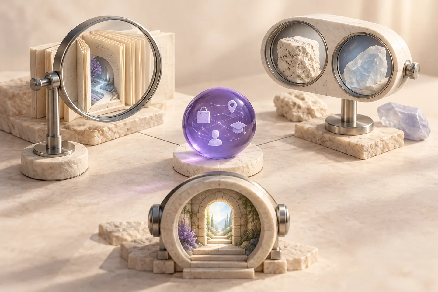 Three ivory viewing instruments represent learning, comparing and taking action around a violet query bead.