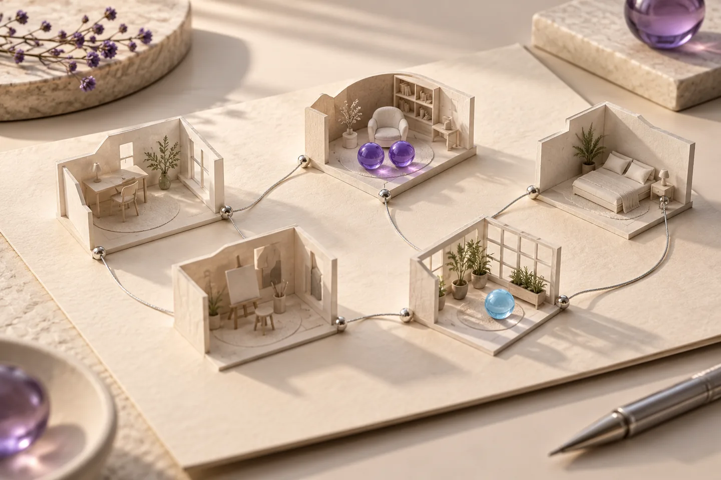 Folded ivory page models sit on an architectural pinboard, with distinct violet and ice-blue topic tokens assigned by silver thread.
