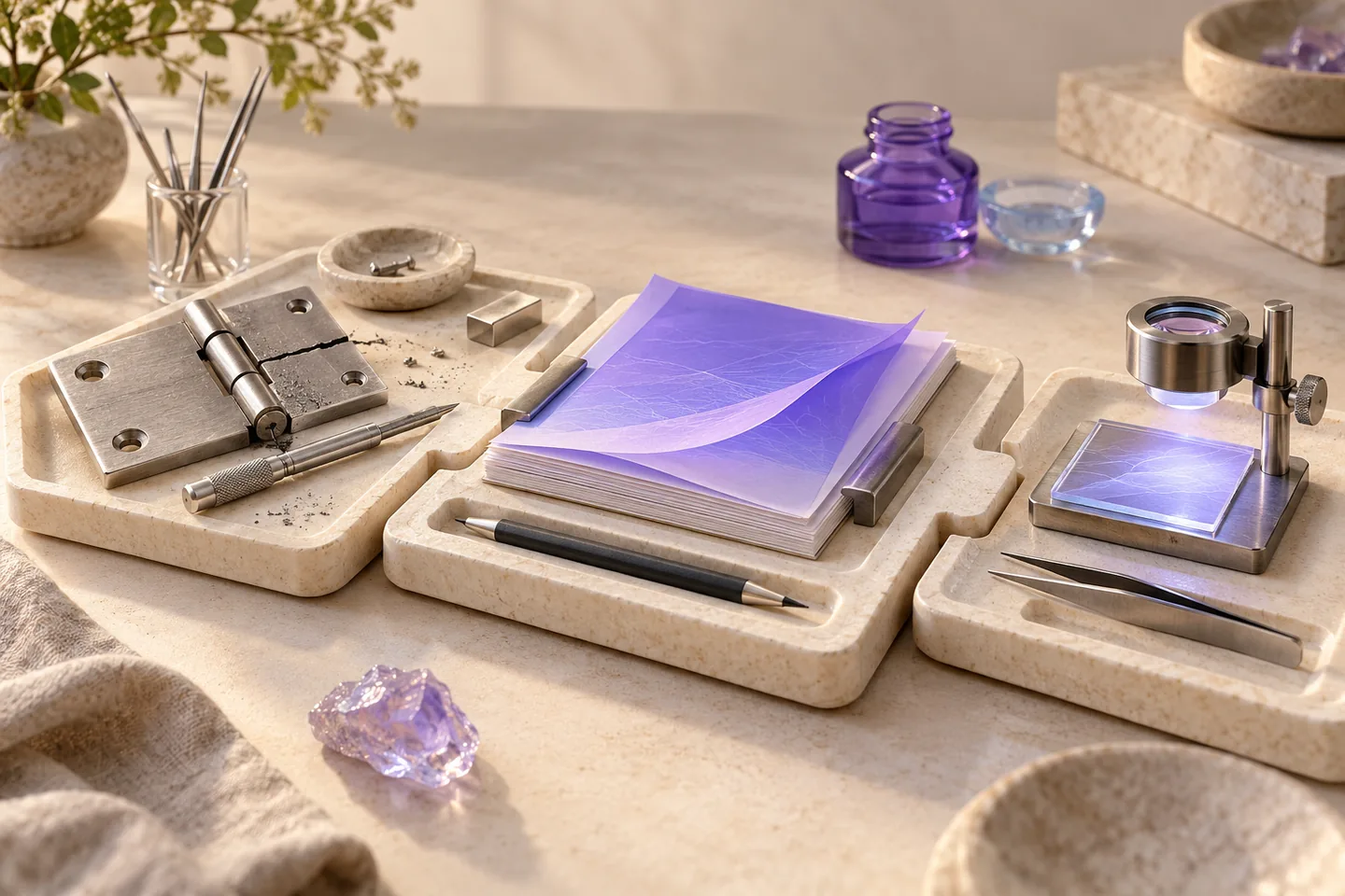 Three ivory planning trays contain a repaired silver hinge, a violet information panel and a separate optical inspection gauge.