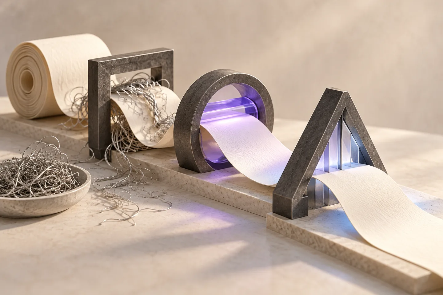 An ivory paper scroll passes through three distinct graphite editing gates, with loose silver fibers removed beside a violet reading surface.