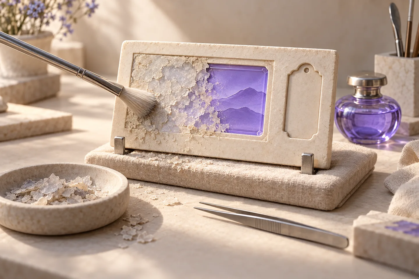 A fine silver conservation brush removes an obsolete layer from an ivory information panel to reveal a violet insert, with removed material kept beside it.