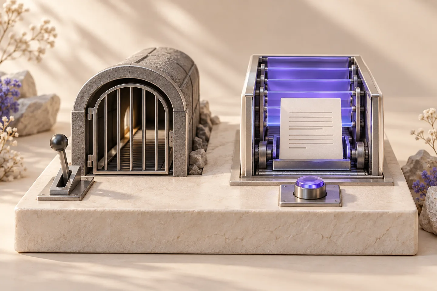 An ivory access gate and a separate violet indexing shutter stand on a graphite platform, with an independent silver key mechanism.