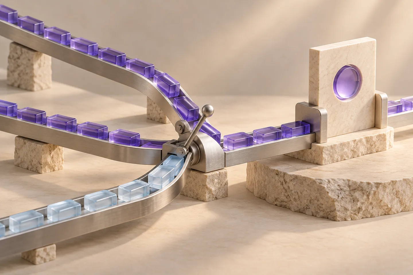 Ivory URL channels branch around a violet destination module, with one open alternate chamber and one silver route joining the main channel.