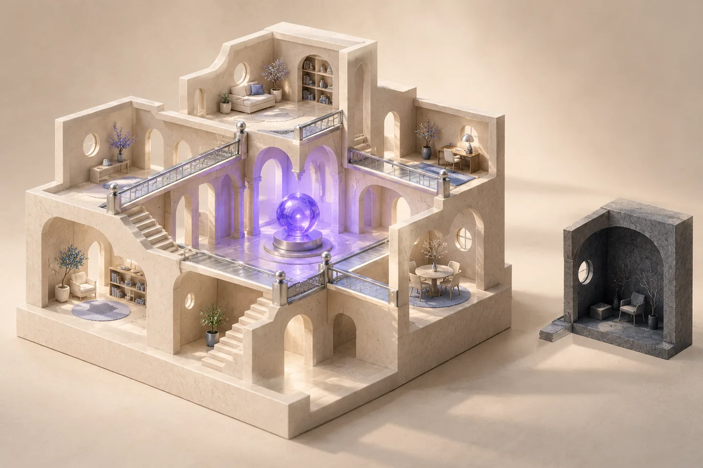 An ivory cutaway building contains connected violet-lit rooms and one detached room beside it, with a silver doorway piece ready for inspection.
