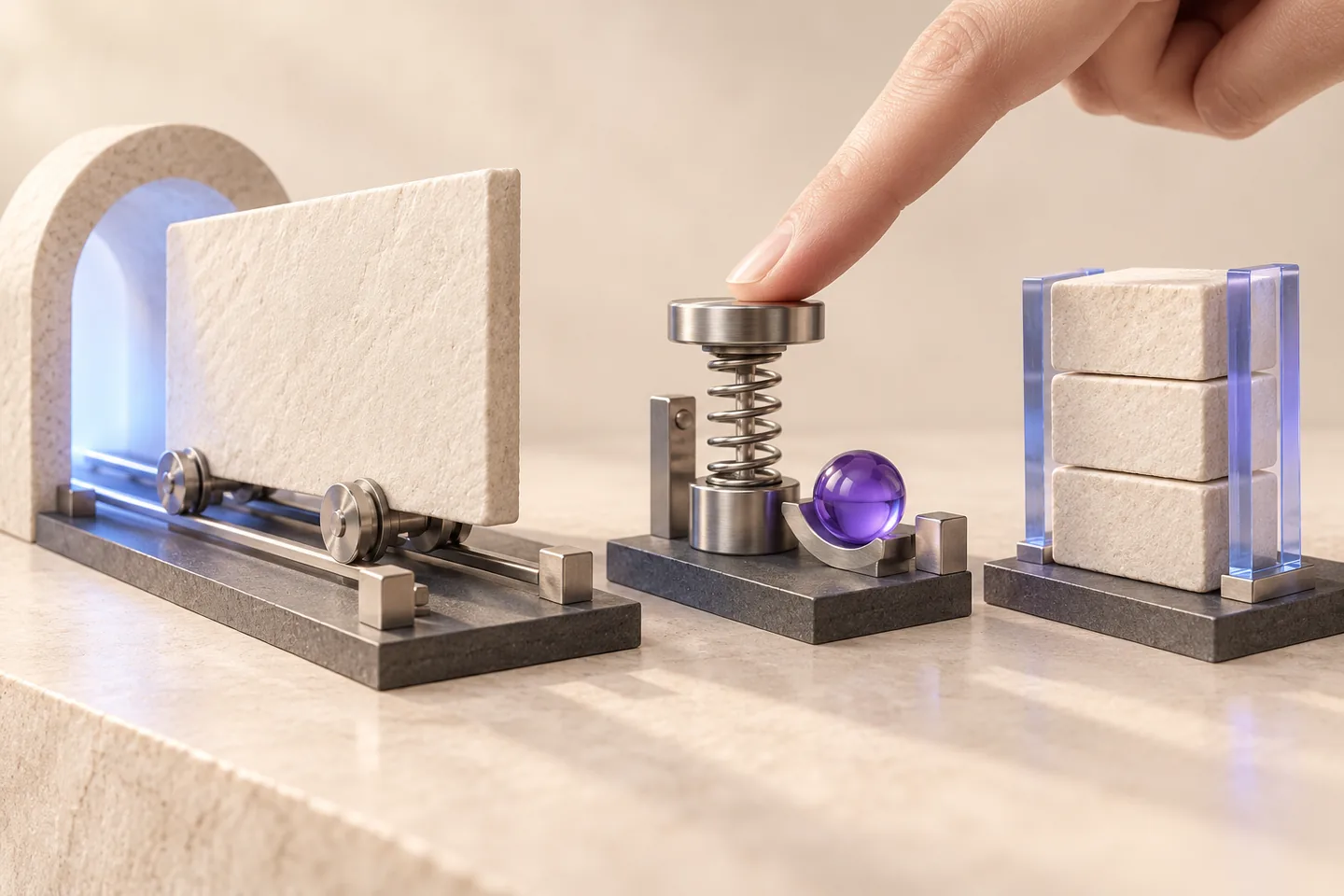 Three distinct ivory performance specimens sit on a graphite bench: a violet loading aperture, a silver response actuator and a suspended stability platform.
