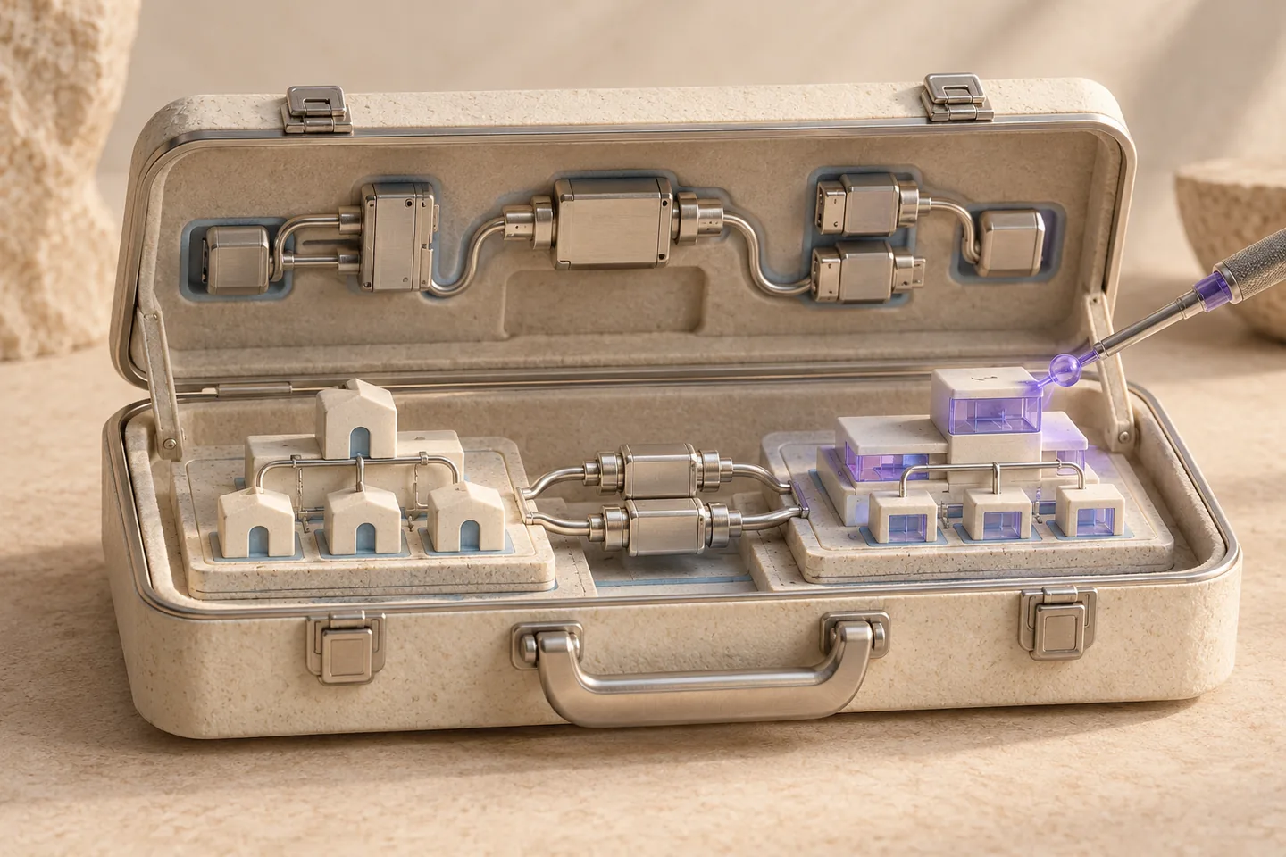An open ivory migration case holds distinct violet URL modules and a silver transfer bridge, with a separate inspection tray for unresolved pieces.