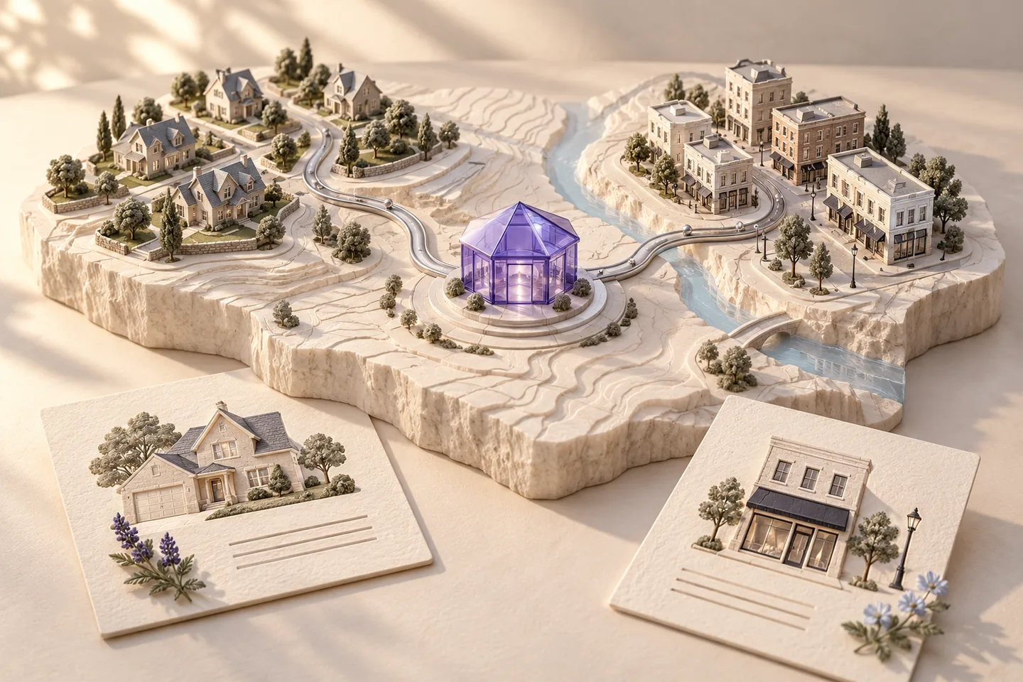 A sculptural ivory service-area relief uses a violet coverage band and silver travel paths around one actual workshop pavilion, with no duplicated branch buildings.