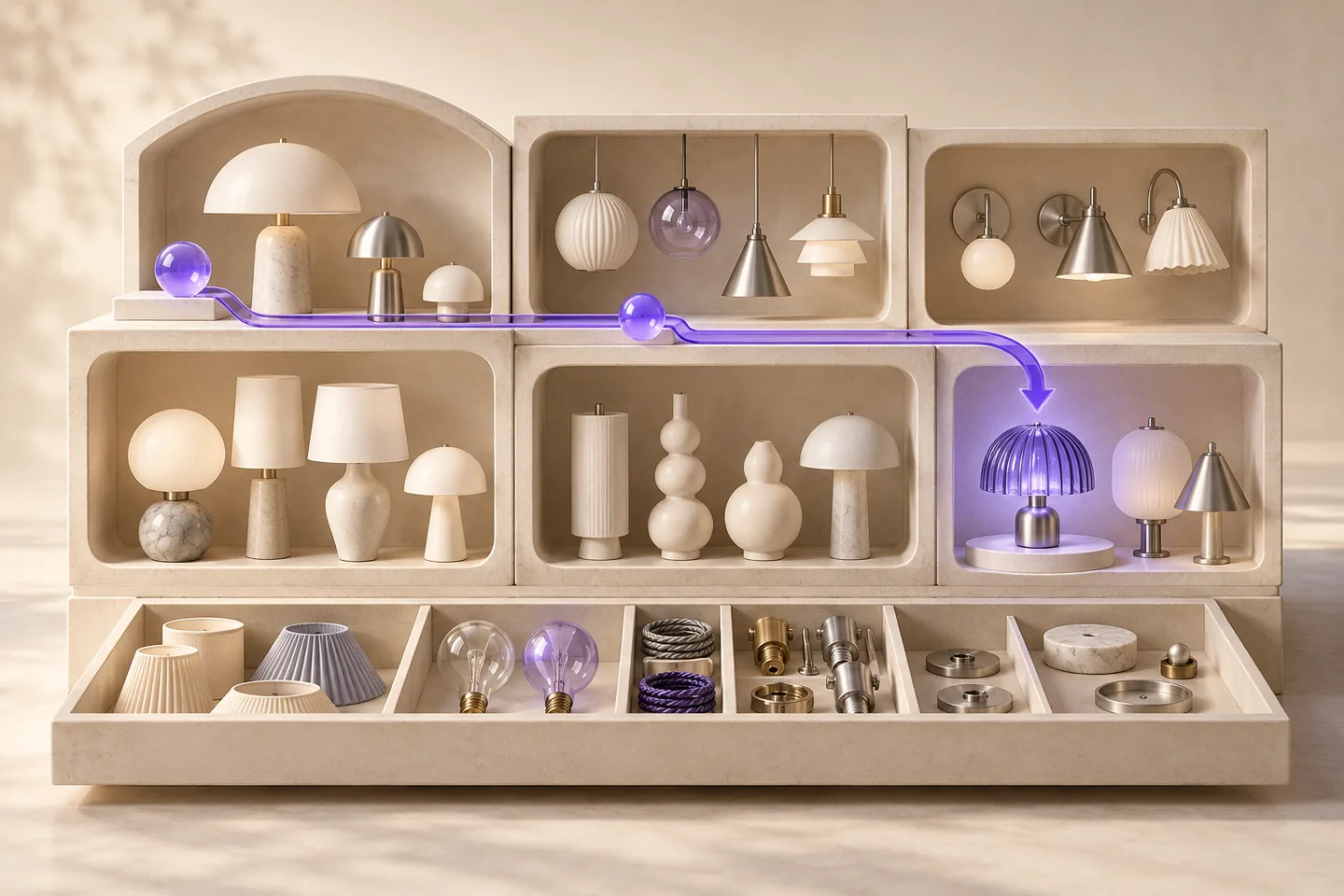 An ivory catalog cabinet displays distinct lamp specimens on organized shelves, with a violet selection rail and silver pathways joining the product compartments.
