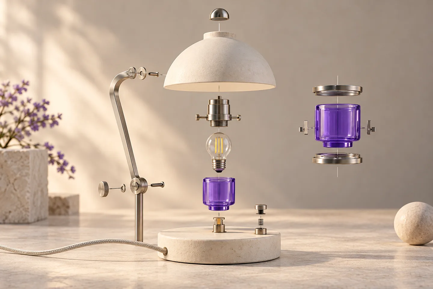 An exploded ivory desk-lamp assembly reveals separate base, arm and shade components around a violet product-information plate, with silver dimension markers.