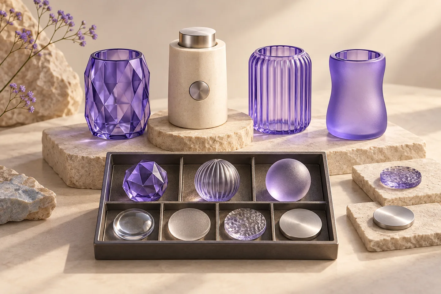 A silver variant-selection instrument aligns distinct ivory and violet material inserts with separate width channels, showing two complete option combinations on a graphite base.