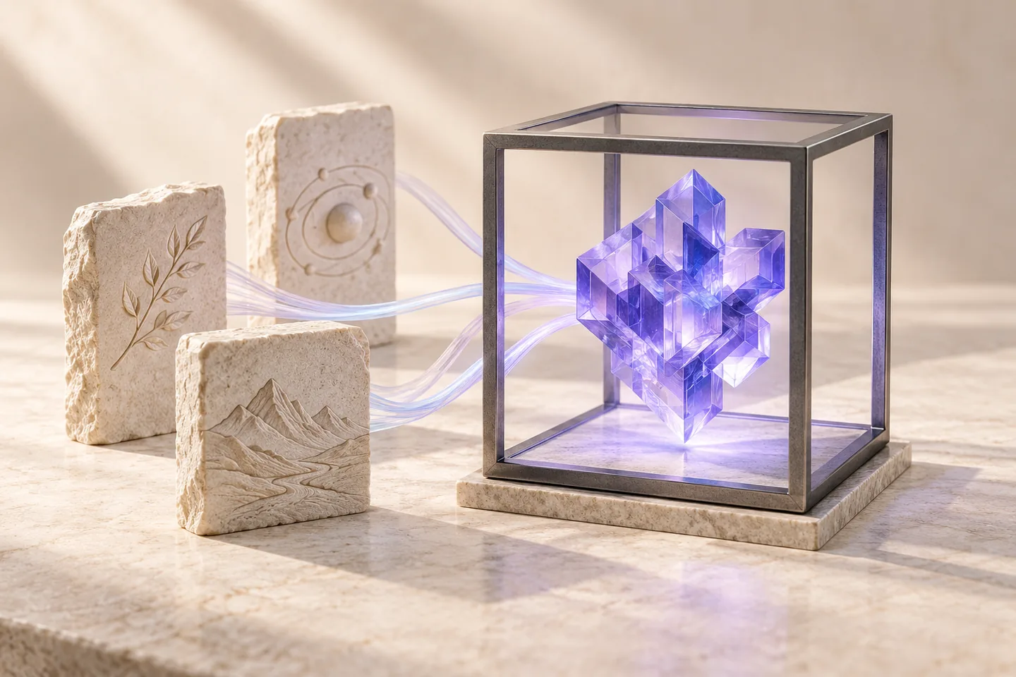 An ivory generative-answer chamber surrounds a violet glass core with separate silver source channels and an open observation window.