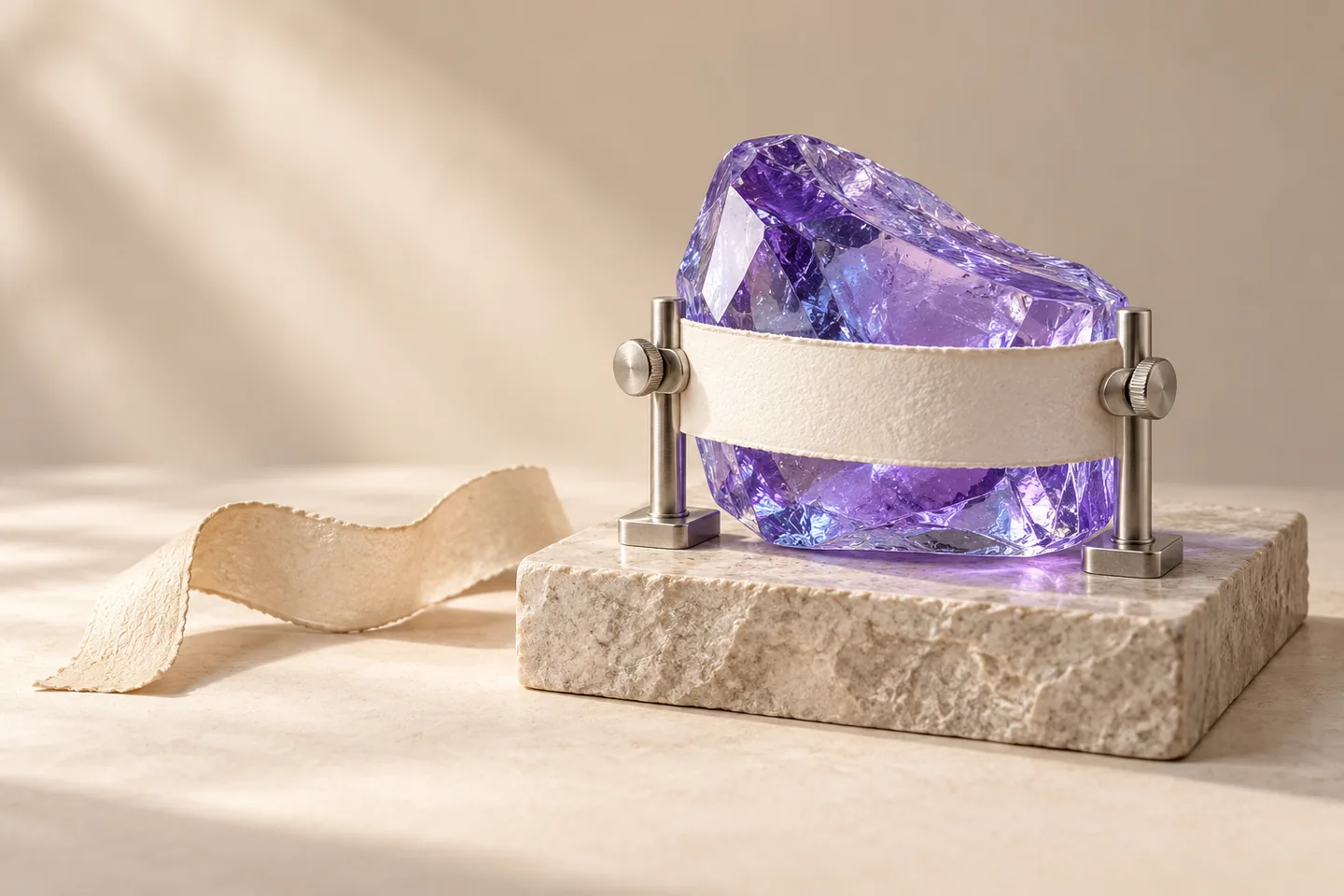 An ivory claim ribbon crosses a silver provenance frame, with a violet verified-information inset and a separate unfilled condition tile.