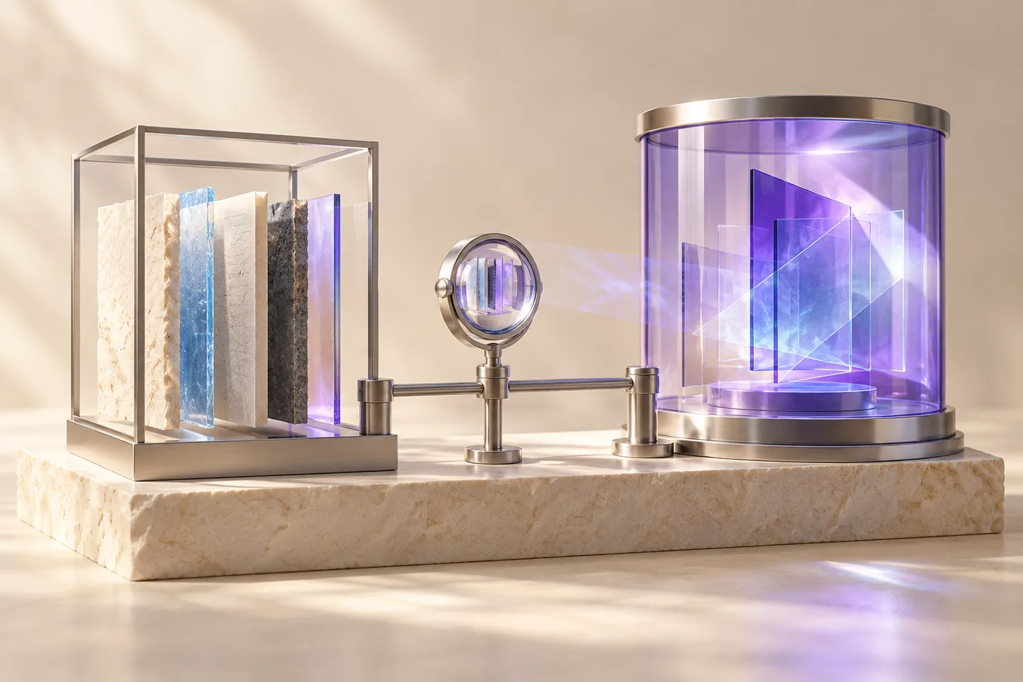 Two distinct ivory optical chambers with violet and ice-blue lenses face a shared silver task card on a graphite comparison bench.