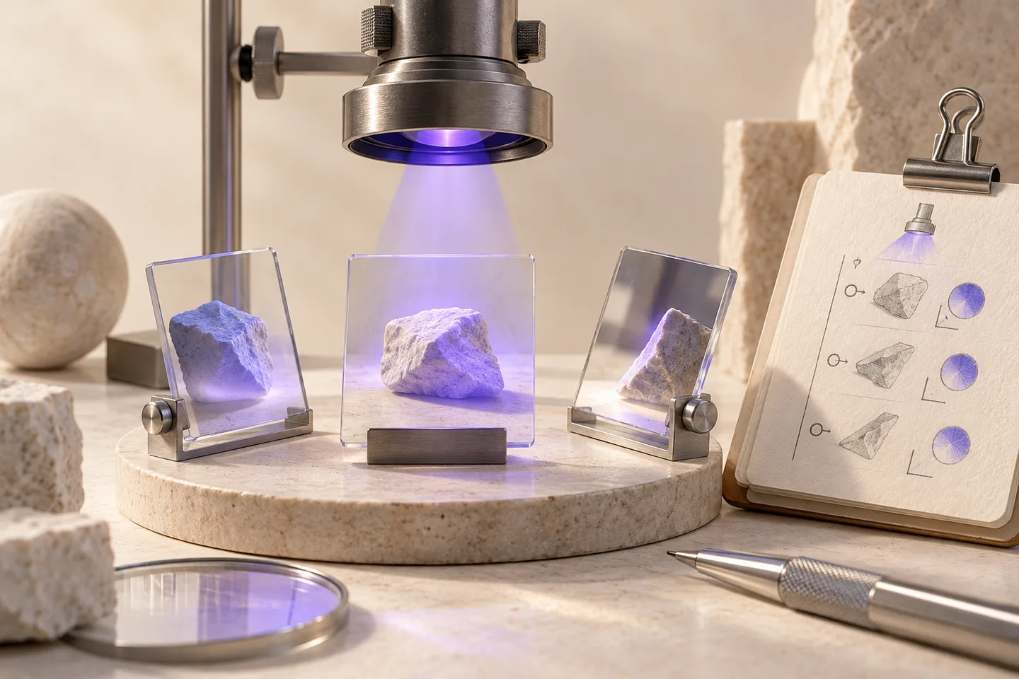 Five distinct silver observation plates stand on an ivory measuring bench, with violet evidence in four plates and an empty outlined fifth plate separated by a gap.