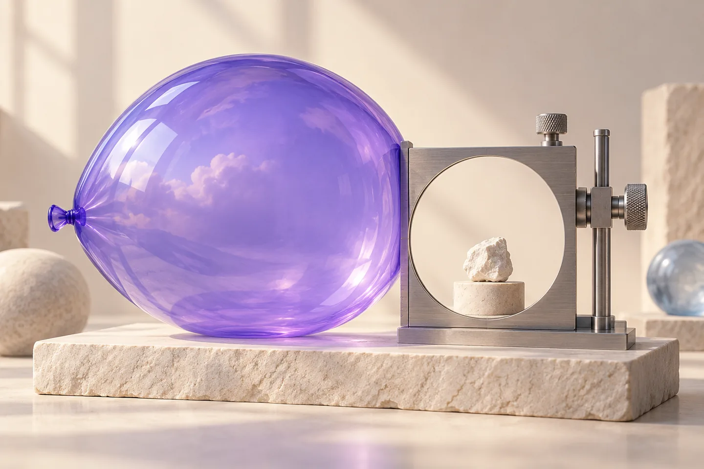 A violet translucent promise balloon rises above a grounded ivory evidence block and a precise silver review gate on a graphite platform.