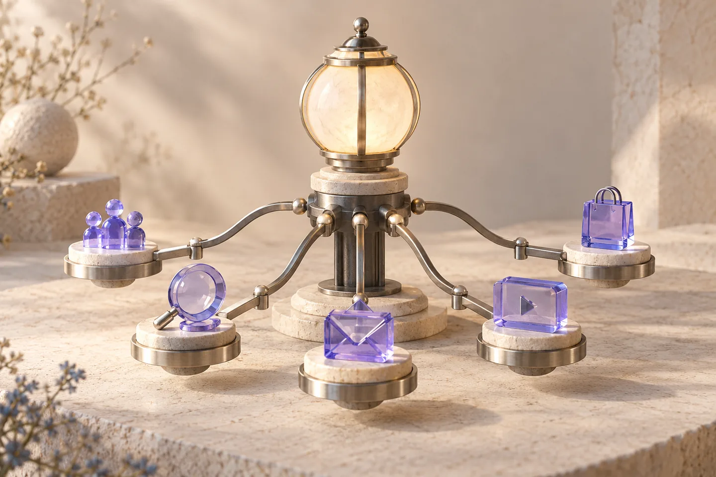 An ivory campaign lantern holds a violet objective core above two separate silver repair-service routes on a graphite planning base.