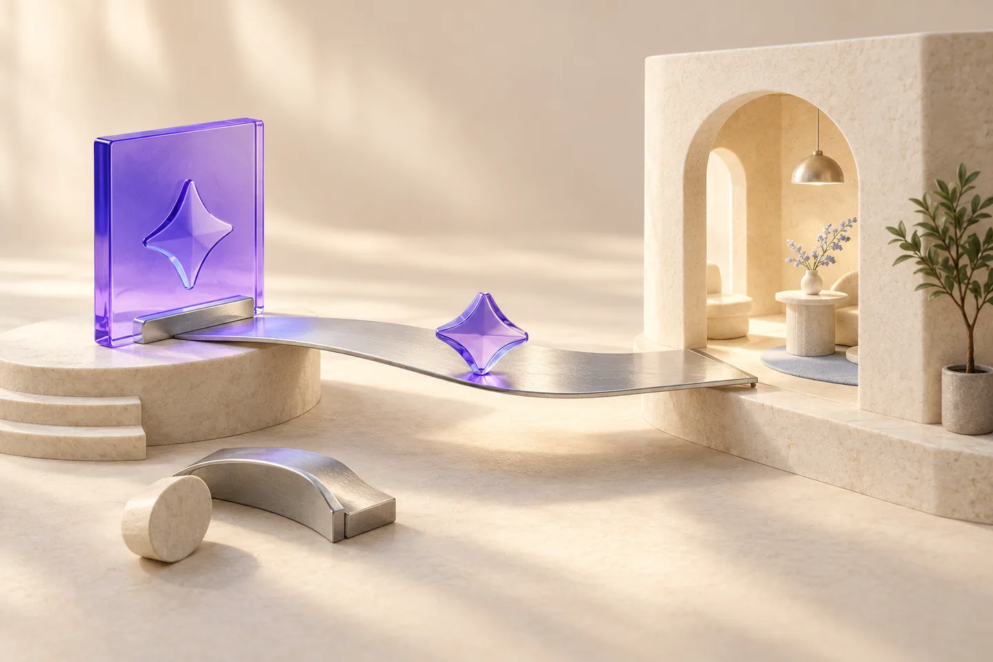 A silver promise bridge spans an ivory ad plinth and a distinct destination platform, carrying a violet condition tile toward an unfilled assessment gate.