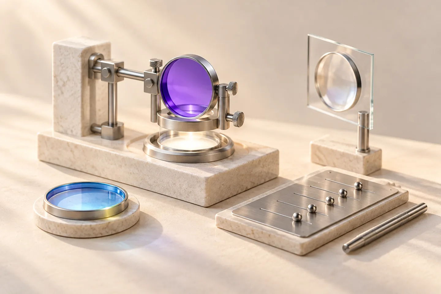 A precise silver one-variable testing bench holds a single adjustable violet label tile beside fixed ivory condition plates and an empty evidence tray.