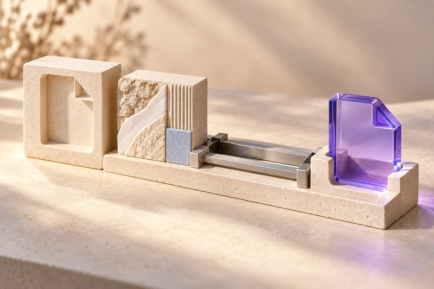 A silver prompt-assembly jig aligns distinct ivory instruction plates around a violet output tile, with separate empty slots for unresolved facts.