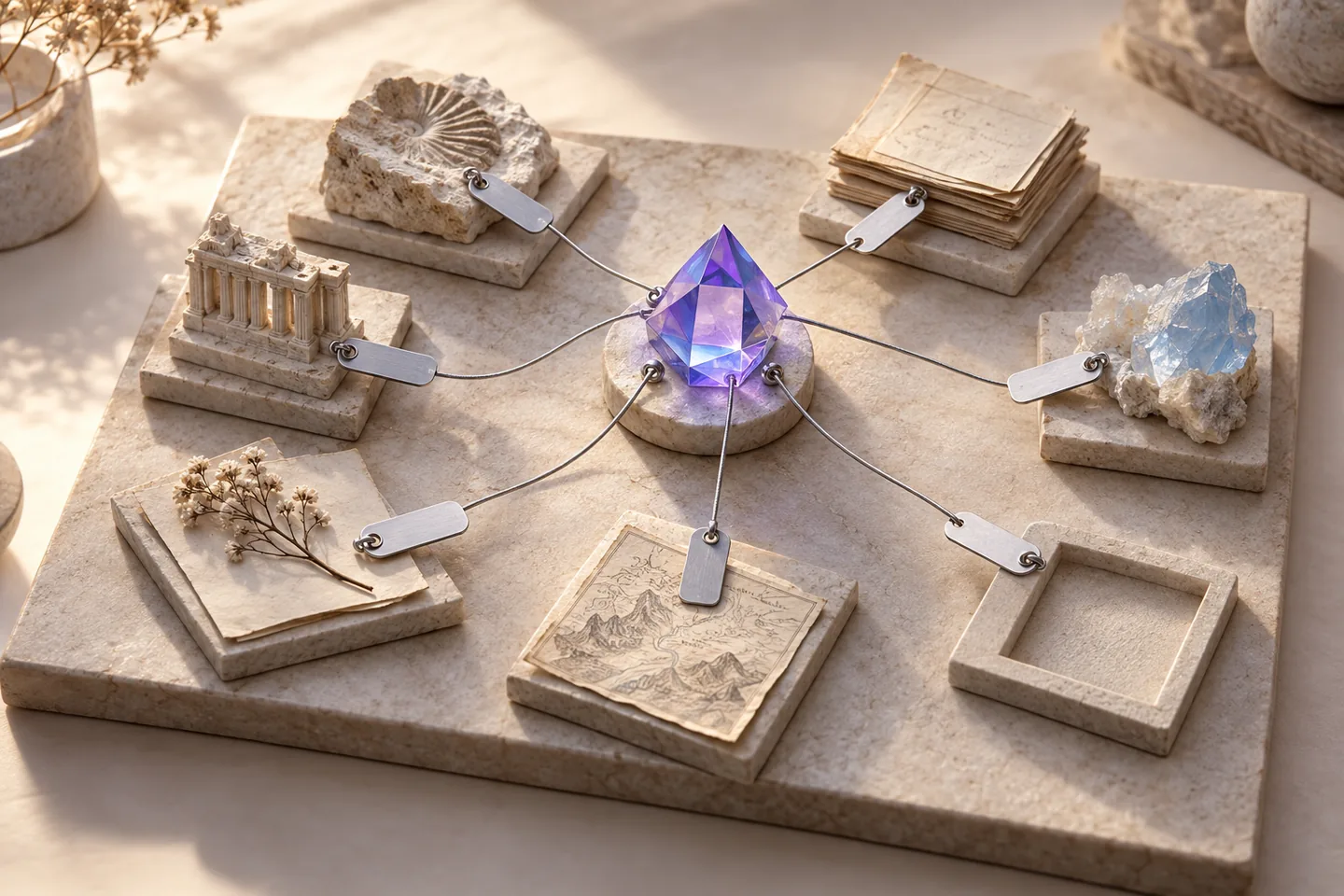 An ivory source board holds three distinct claim sheets under violet and silver verification clips, with a calculation strip and a visibly mismatched product sheet.