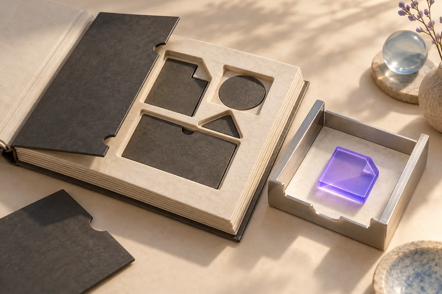 An ivory document folio with a violet selection frame, separate silver contact-field plates and an original paper-pack calculation strip represents a minimized, reviewable input.