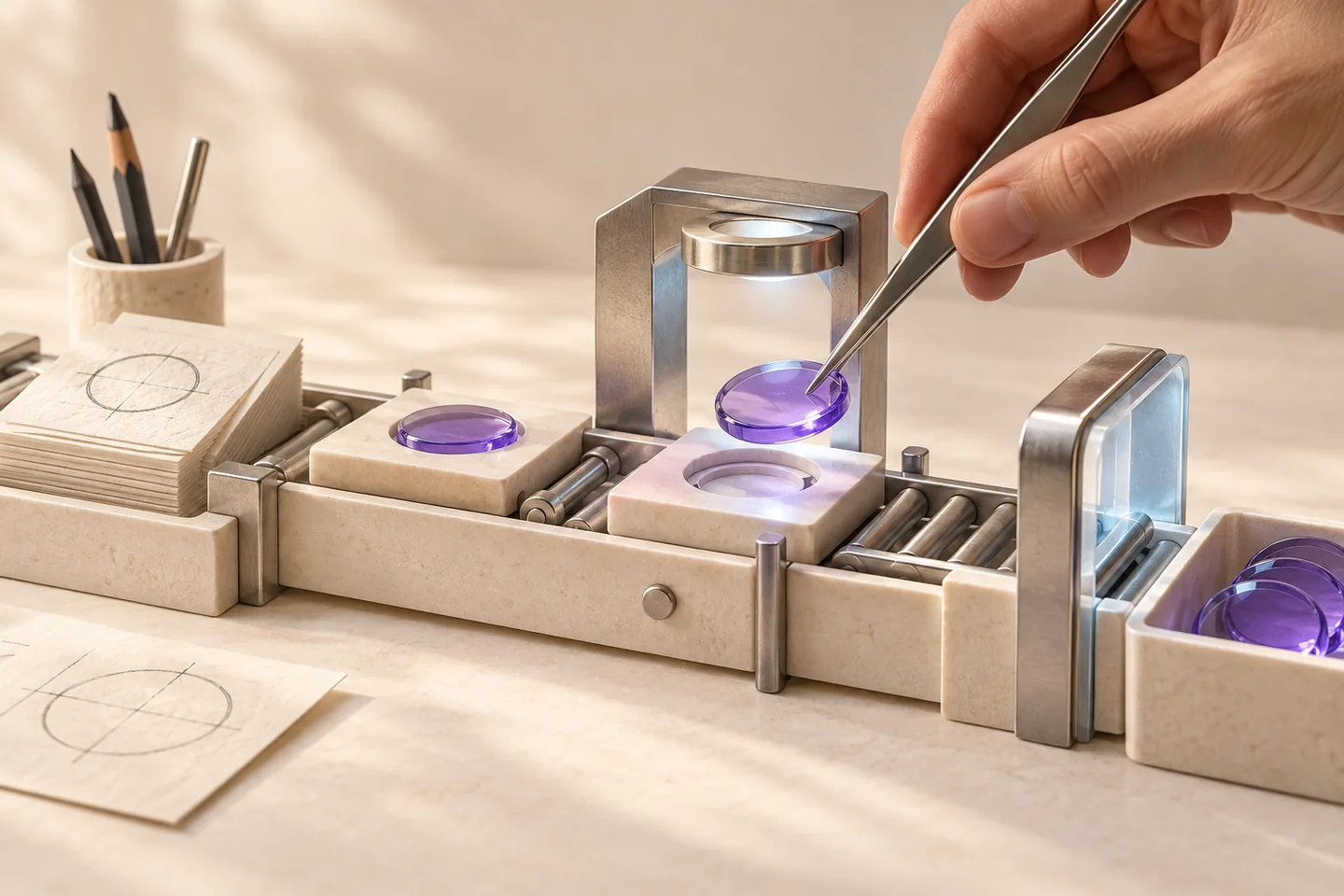 An ivory and graphite workflow switchyard with violet rails and a silver human-review lever routes a draft through a distinct hold-and-resolution loop before its output platform.