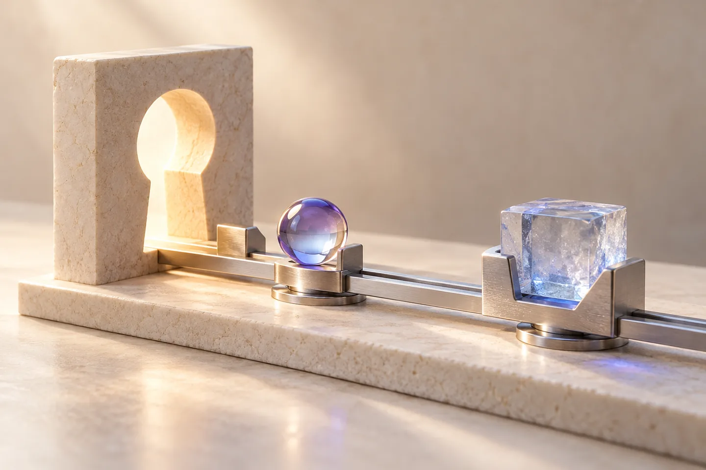An original architectural measurement rail with ivory goal plates, silver event markers and violet outcome blocks separates assessed records from an unresolved branch.
