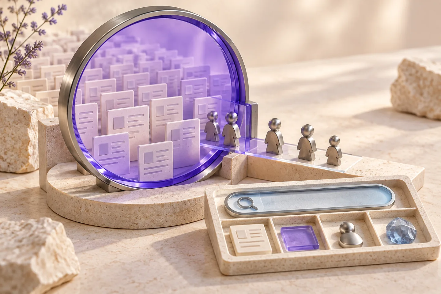 An original pair of ivory report windows with silver measurement rulers and violet click markers represents a scoped Search Console comparison rather than a live dashboard.
