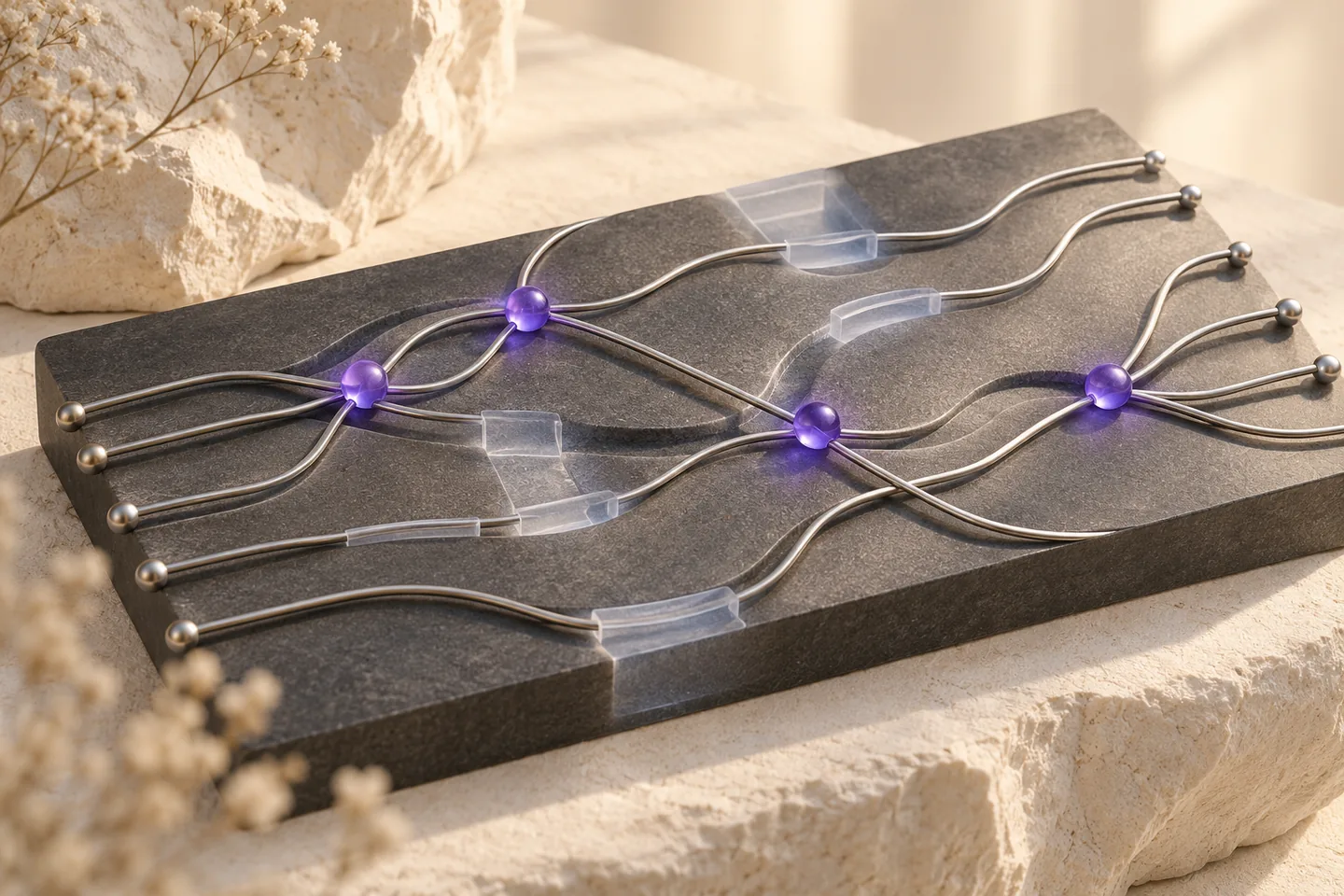 An original set of ivory journey strips with silver session dividers and violet event markers shows repeated visits and partial observations without turning events into people.