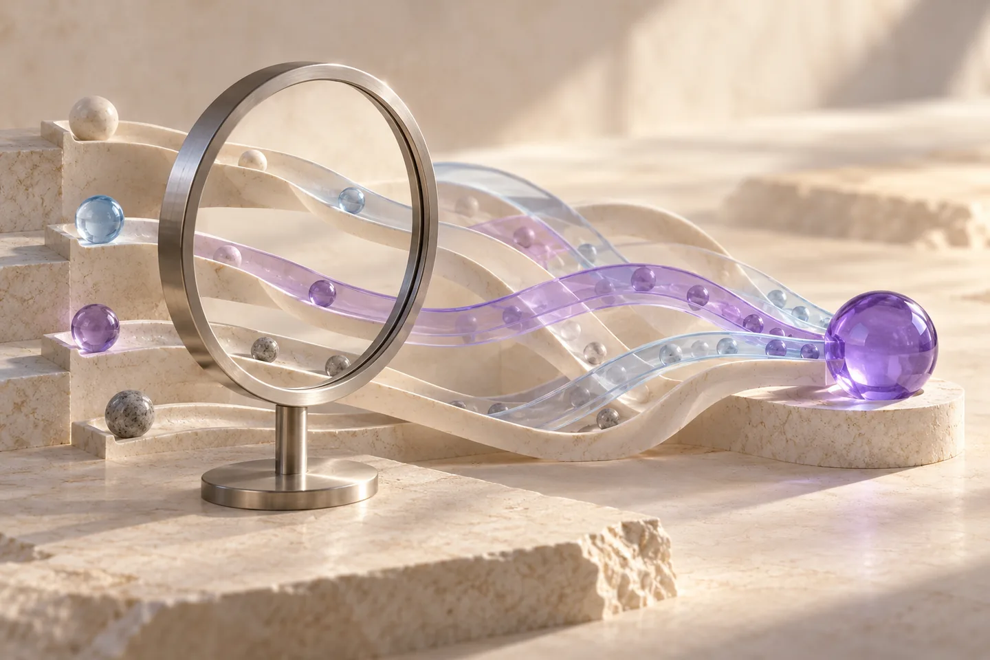 An original stack of translucent attribution plates with ivory path markers, silver separators and a single violet booking-value token shows different views of one outcome.