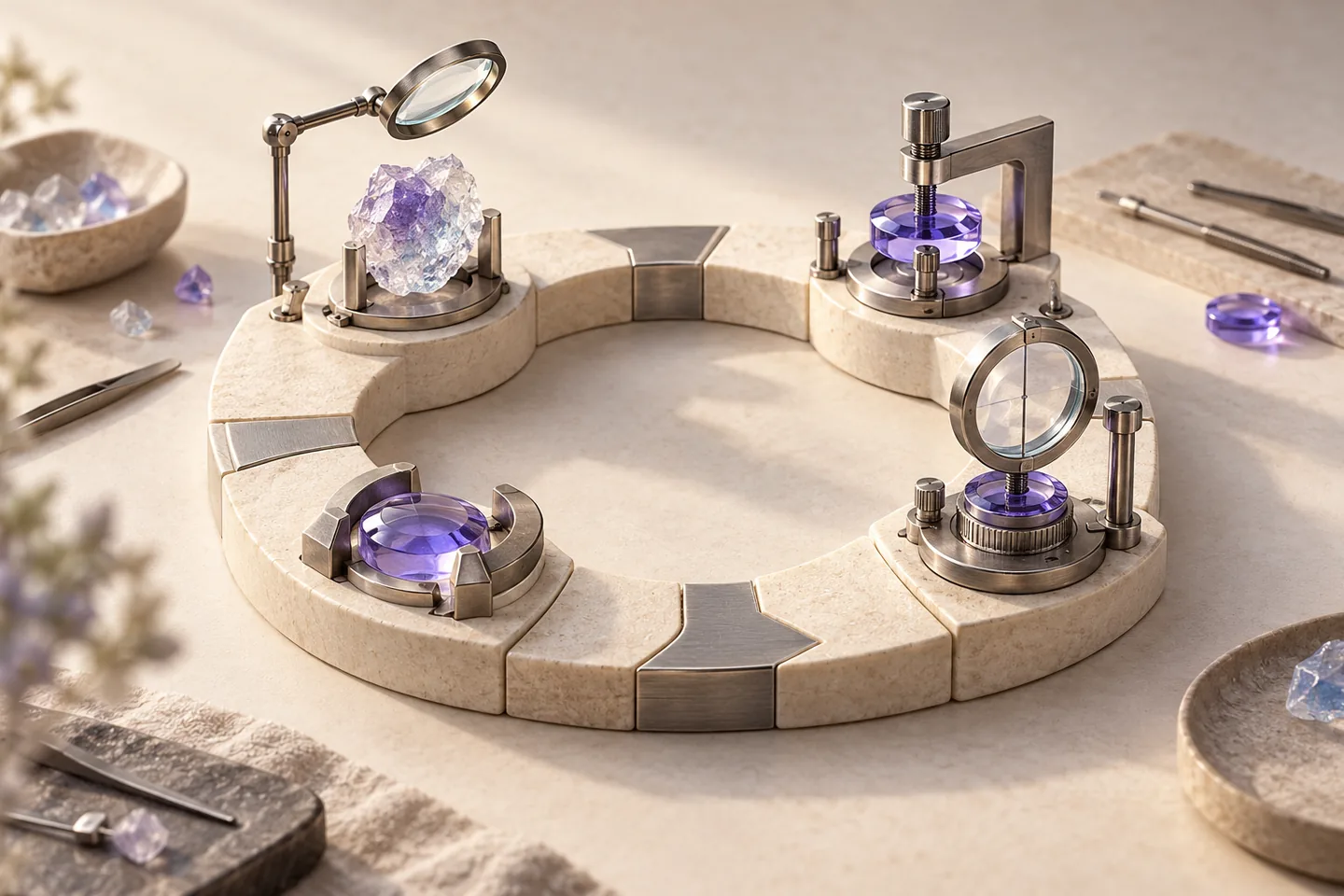 An original ivory calibration ring with violet phase pieces, silver review dials and a central project-evidence folio represents a learning cycle that can be adjusted after review.