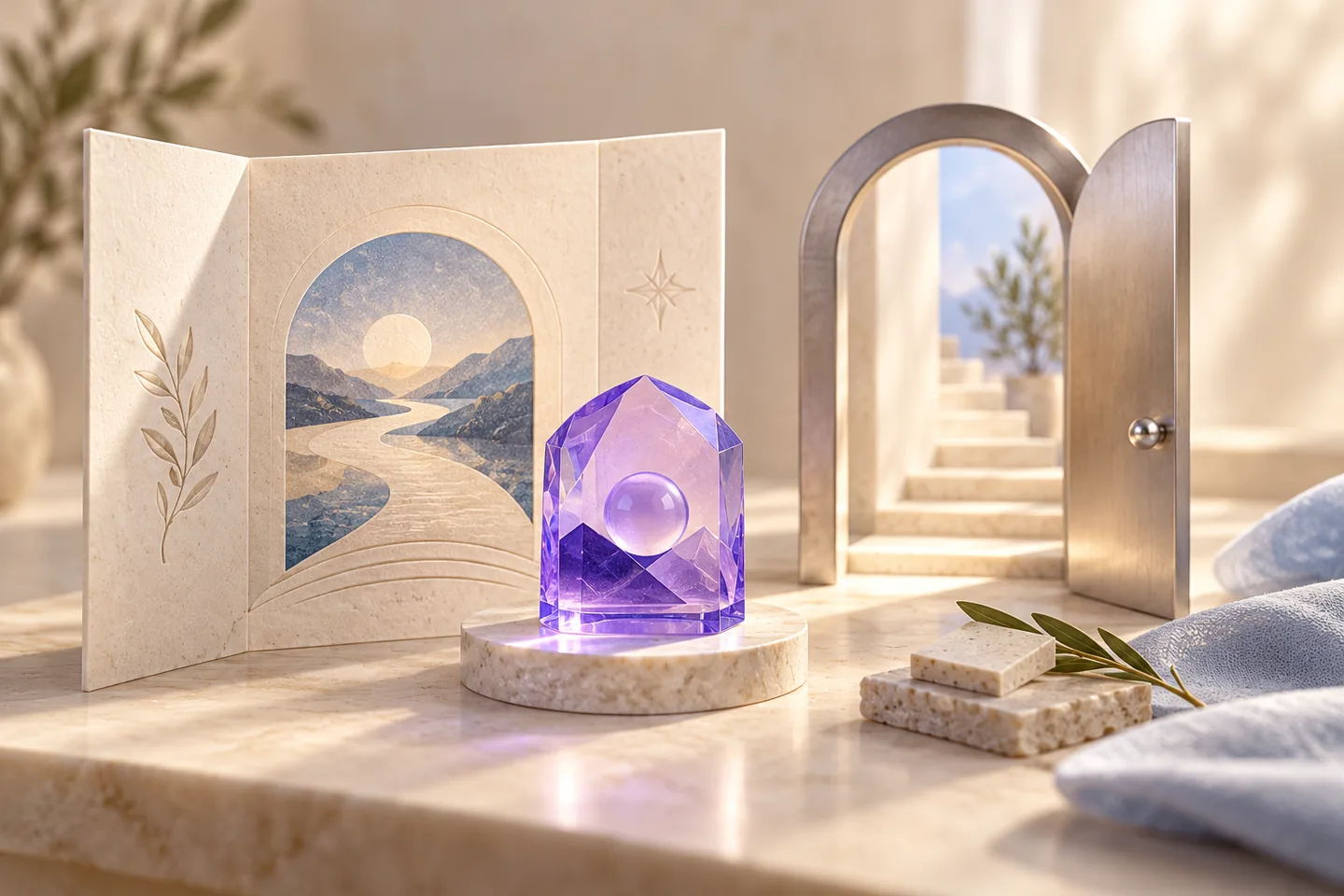 An original ivory homepage entry architecture with graphite frames, a violet repair doorway and a distinct notebook route makes the visitor’s next choice visible.