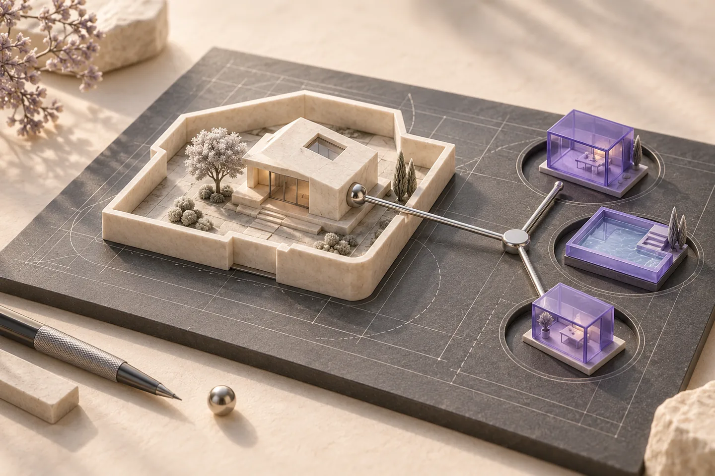 An original ivory project-scope folio with violet decision tabs, silver image-crop frames and a separate later-phase pocket represents a clear website and imagery brief.