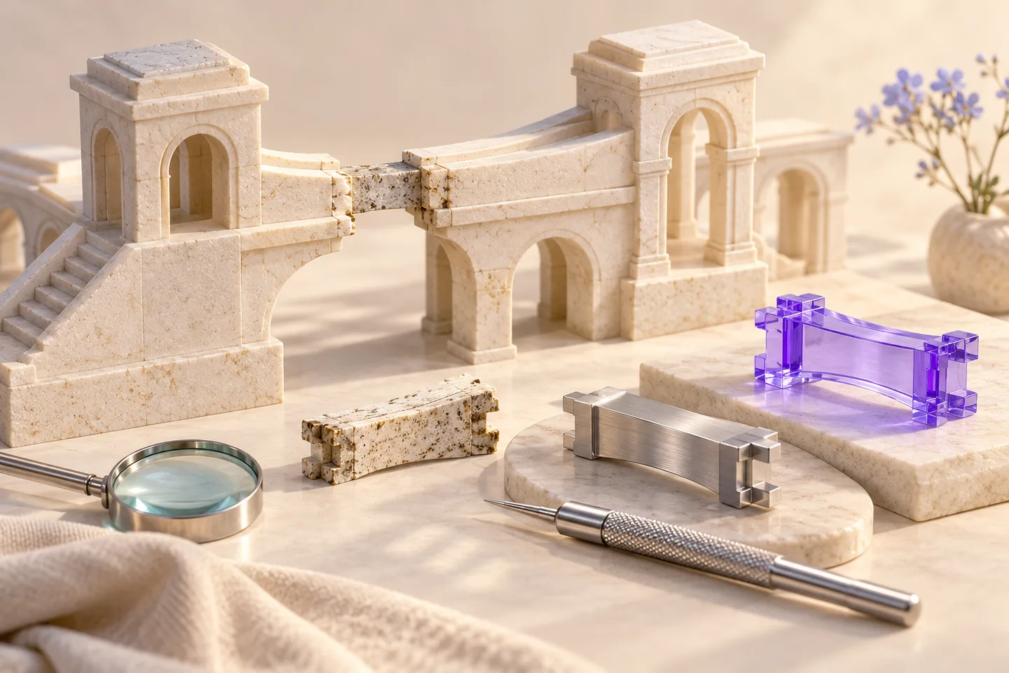 An individual ivory architectural model with a violet removable module, graphite structural frame and silver inspection caliper illustrates choosing the scale of a website change.